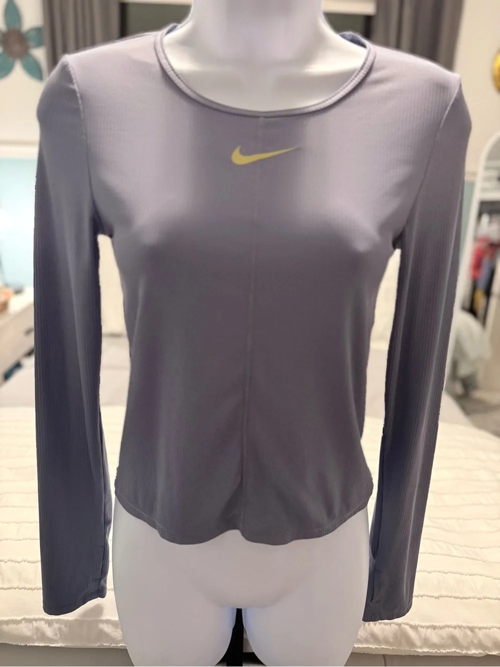 Nike Long-Sleeve Crew Top — Light Lavender with Yellow Swoosh